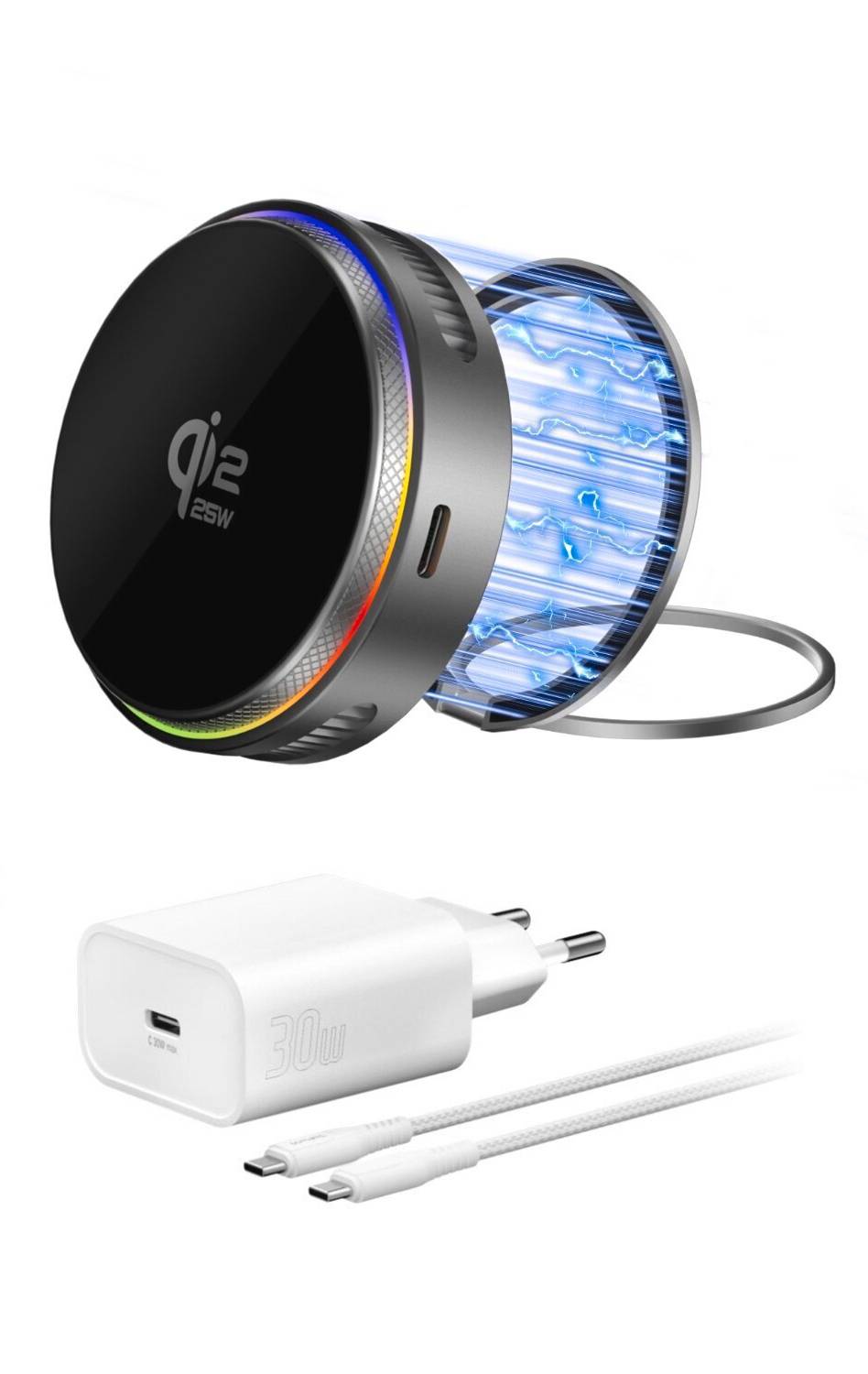 Kabelloses Qi2-Magnetladegerät mit leuchtender blauer Spule, plus weißer 30W USB-C-Netzadapter und USB-C-Kabel auf weißem Hintergrund.