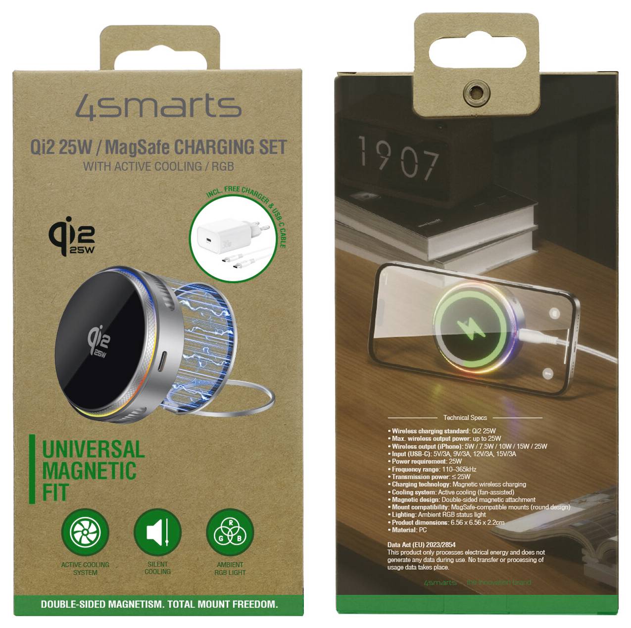 Verpackung für 4smarts Qi2 25W/MagSafe Ladegarnitur mit aktiver Kühlung/RGB, zeigt ein magnetisches Ladegerät und ein auf einem Schreibtisch ladendes Telefon.