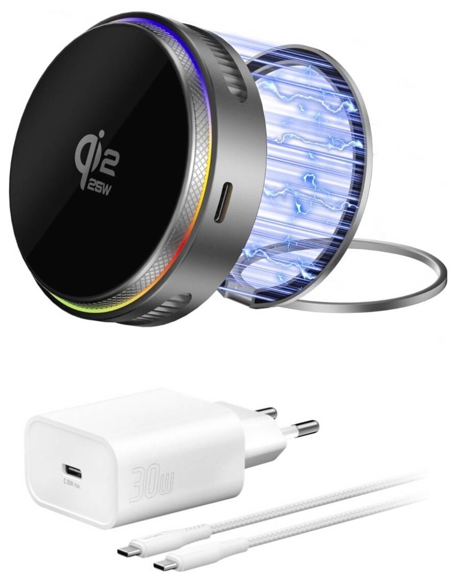 Werbebild eines Qie 65W USB-C Wandladegeräts mit abnehmbarer runder Ladespule/Kabel und eines weißen 30W Ladegeräts mit USB-C-Kabel.