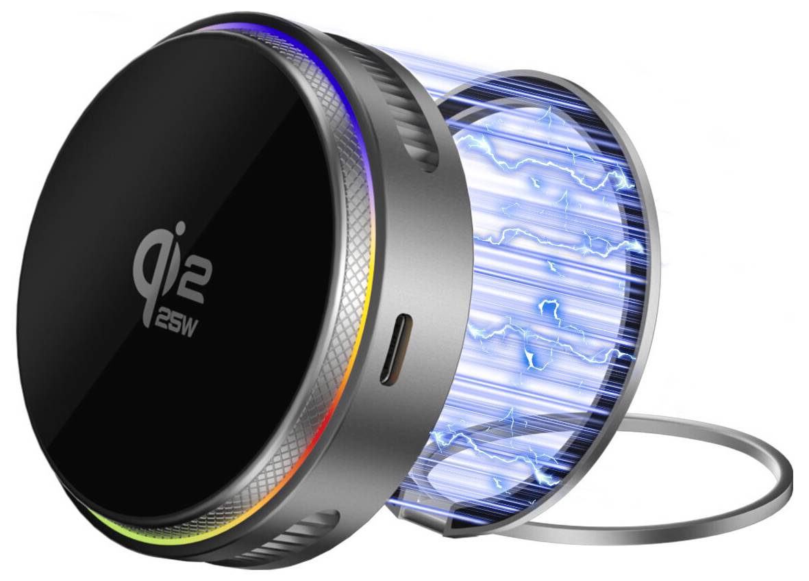 Kompakter Qi2 kabelloses 25-W-Ladegerät mit leuchtenden blauen Kühlrippen und Metallständer-Kabel.