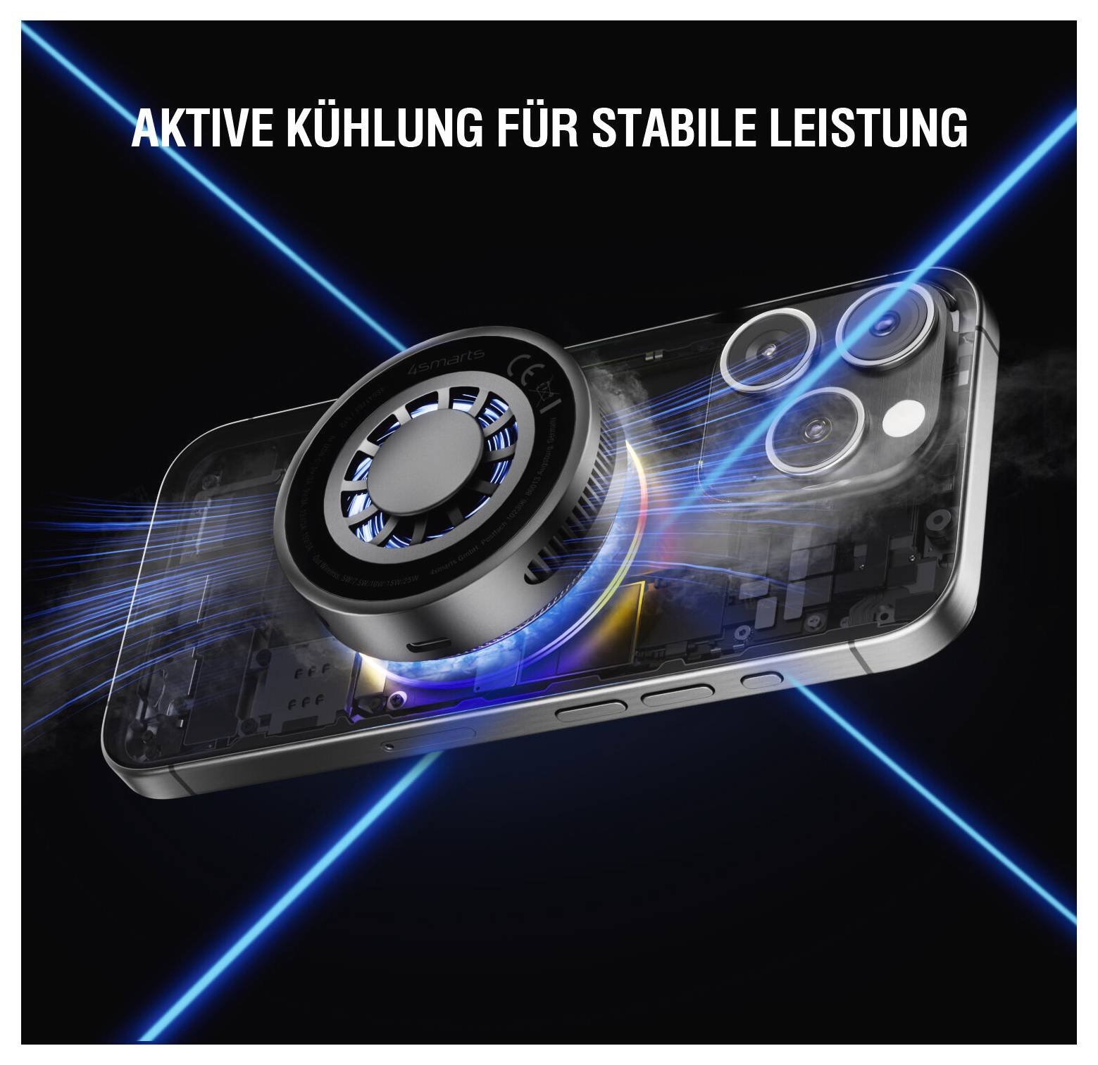 Smartphone mit externem Kühlventilator und blauen Luftstromlinien, die „AKTIVE KÜHLUNG FÜR STABILE LEISTUNG