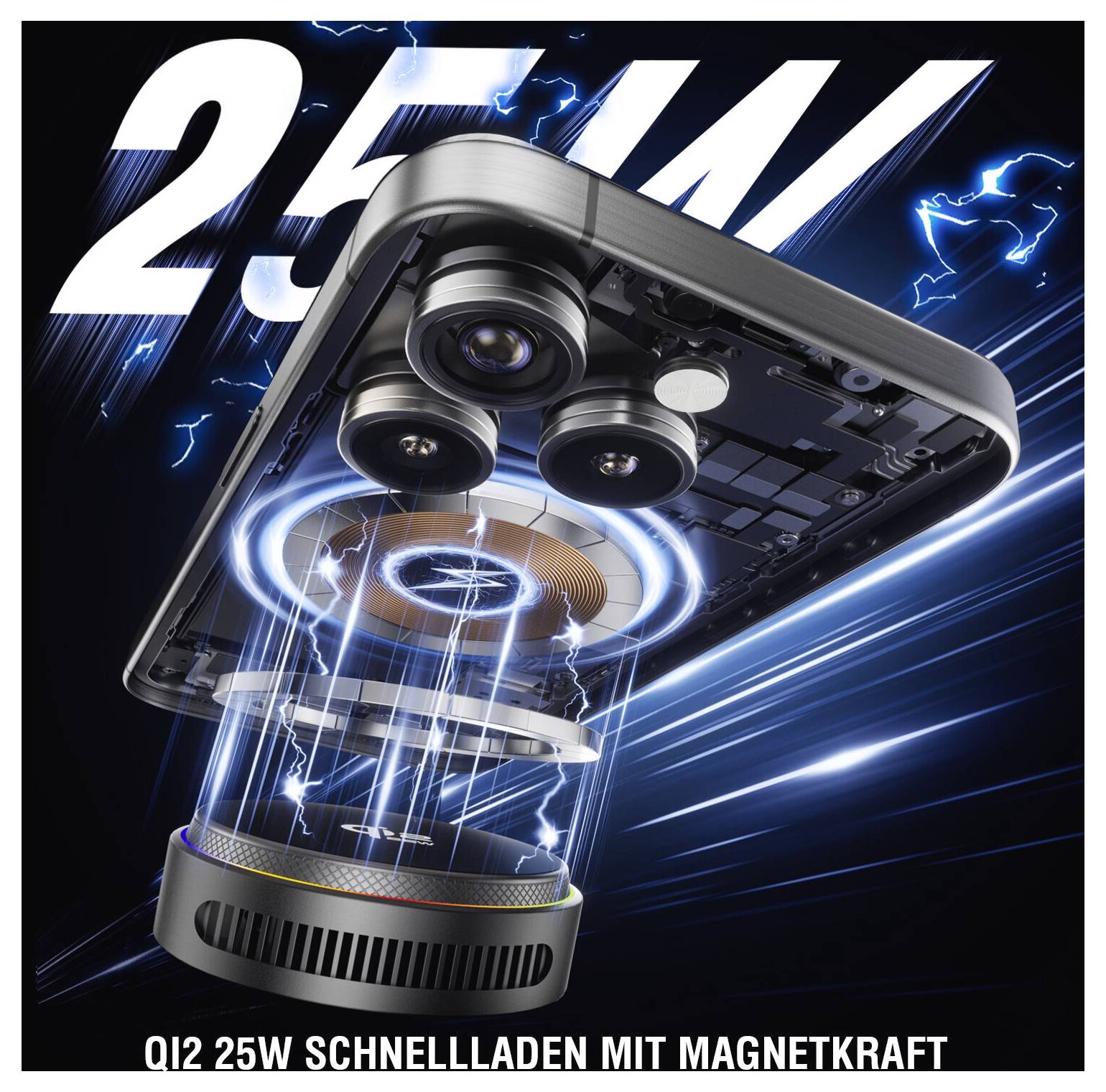 Werbegrafik eines Smartphones, das kabellos mit blauem Blitzschlag lädt, und dem Text „QI2 25W SCHNELLLADEN MIT MAGNETKRAFT