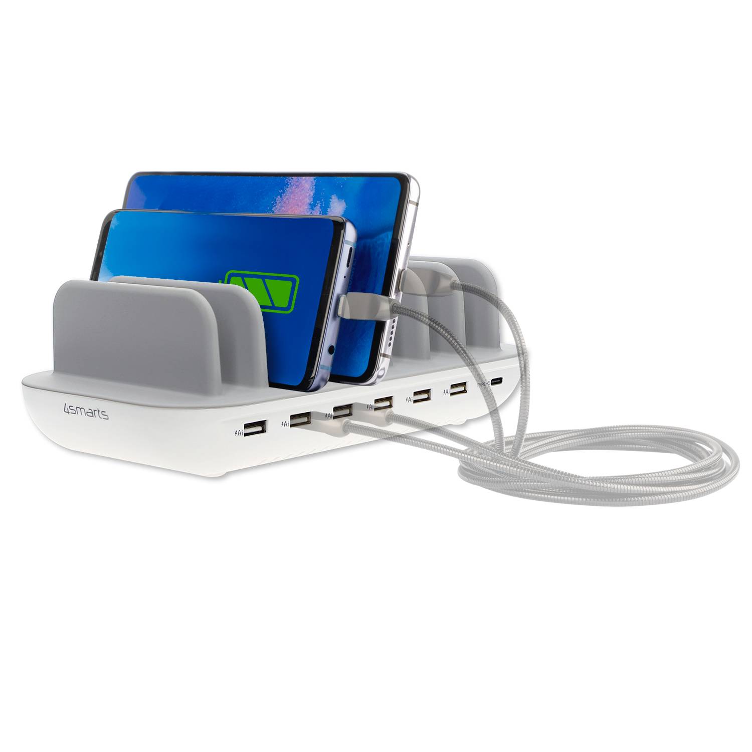 Ladestation mit zwei angedockten Smartphones, die durch Kabel verbunden sind und mehrere USB-Anschlüsse zum gleichzeitigen Aufladen von Geräten zeigen.