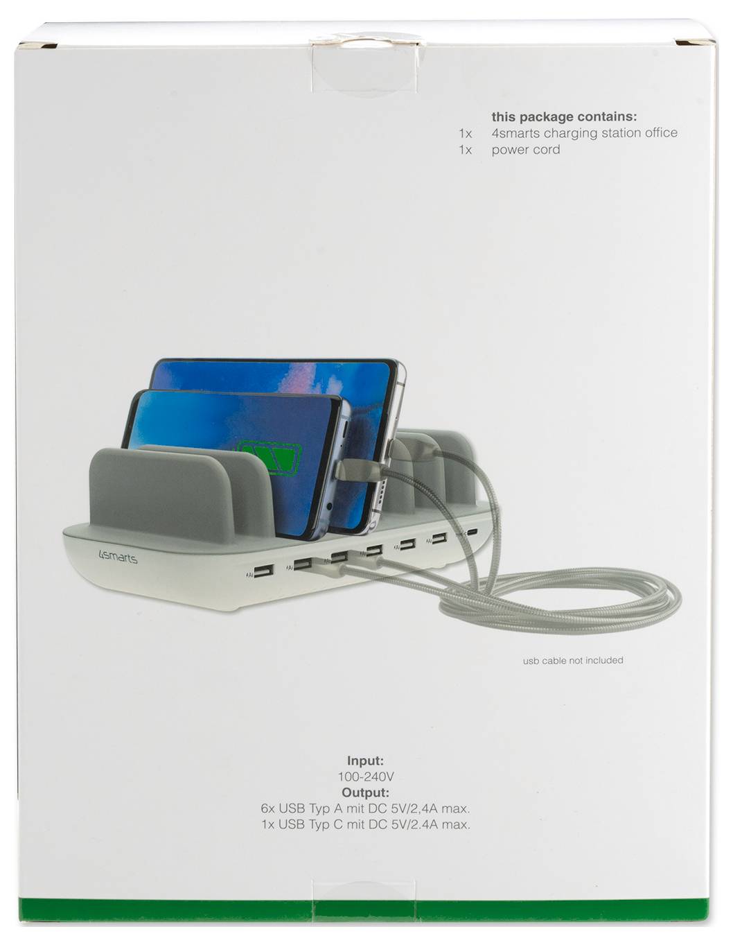 Verpackung für eine 4smarts Ladestation für das Büro, die das Dock mit mehreren Geräten und dem mitgelieferten Stromkabel zeigt, mit Eingabe-/Ausgabespezifikationen auf der Schachteln gedruckt.