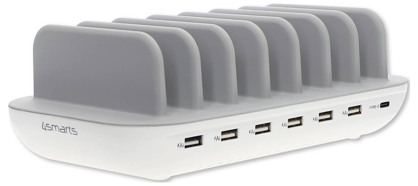 Weiße Multi-Slot USB-Ladestation mit mehreren Geräten, einer Reihe von vorderen USB-Anschlüssen und Statusleuchten
