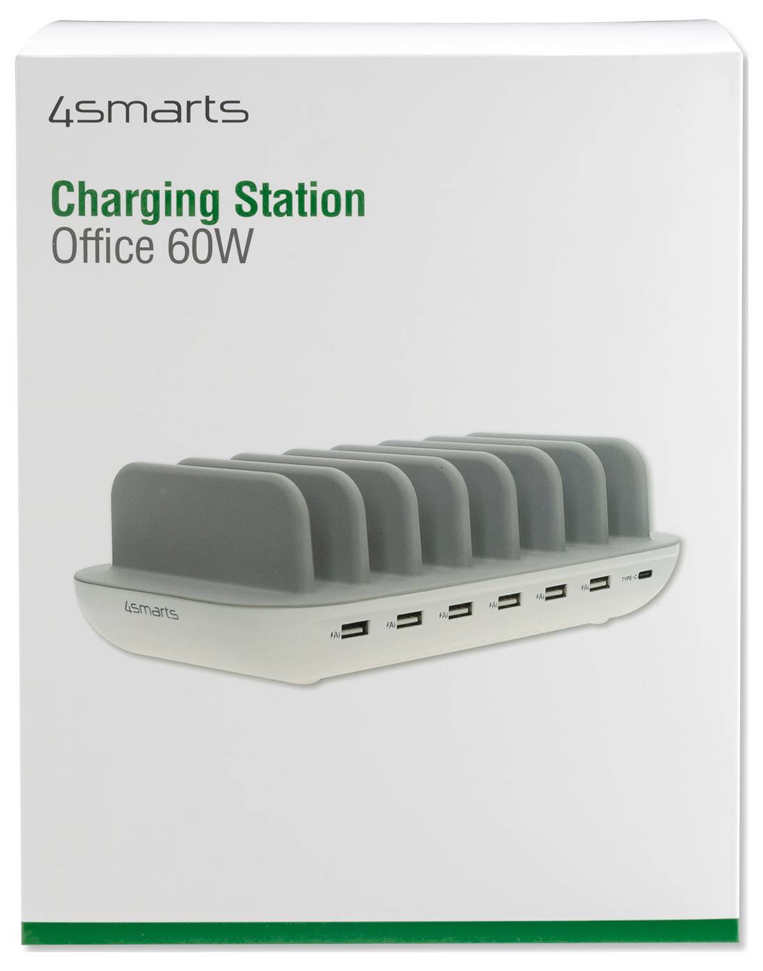 4smarts Ladestationen Büro 60W Produktverpackung zeigt eine Multi-Geräte-Ladestation mit mehreren Steckplätzen und vorderen USB-Anschlüssen