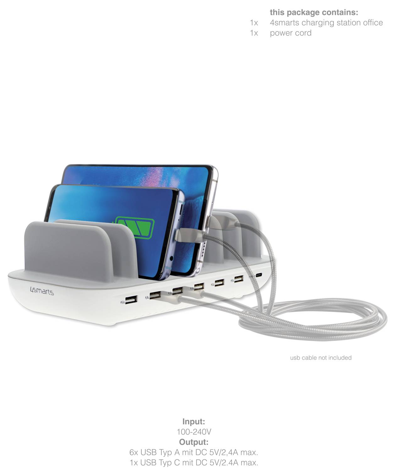 4-Platz-Ladestation mit angedockten Smartphones und Tablets, mehrere USB-Anschlüsse und mitgeliefertes Stromkabel sichtbar; Text vermerkt Eingang 100-240V und 6 Ausgänge.