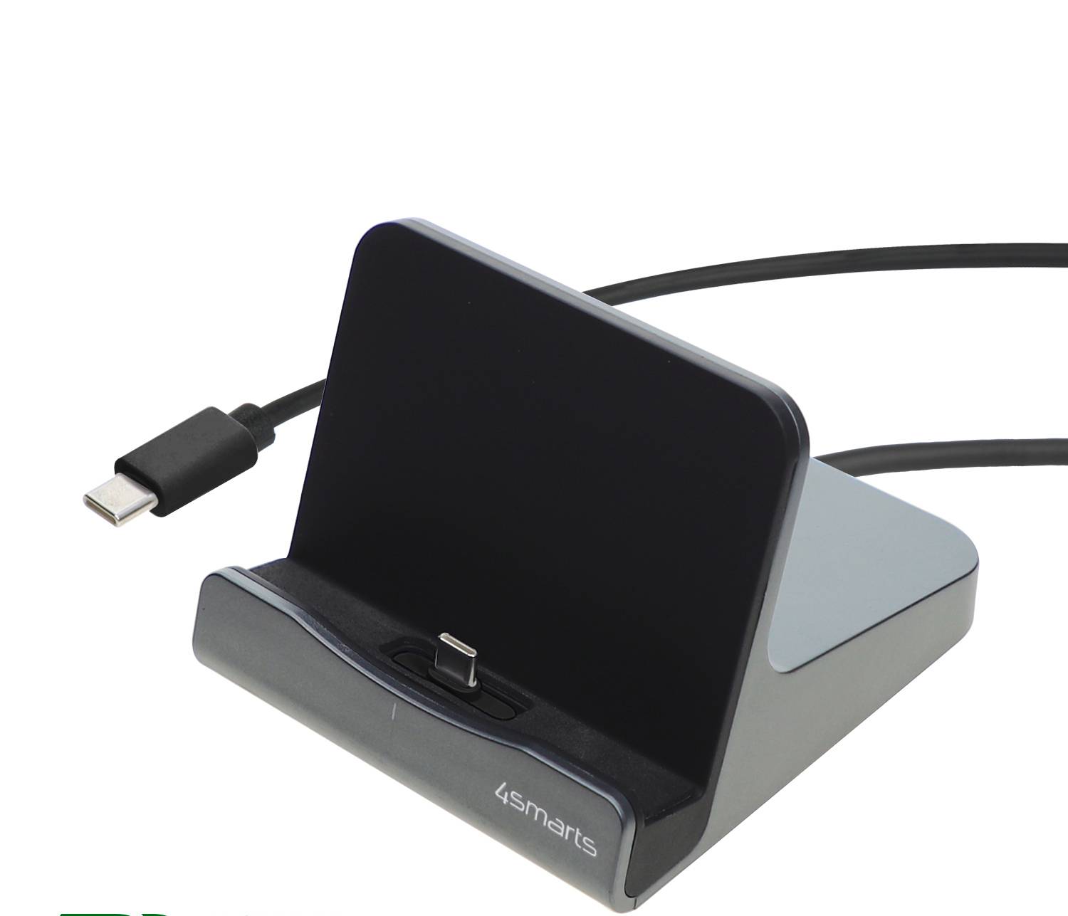 USB-C Ladestation mit einem schwarzen Smartphone, das aufrecht auf einem L.Smarts-Ständer ruht, mit angeschlossenem Kabel auf weißem Hintergrund