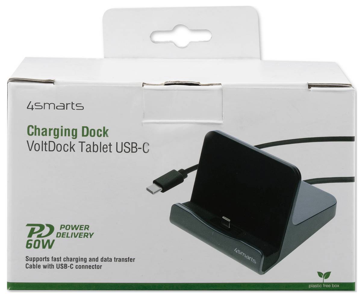 Verpackung für 4smarts VoltDock Tablet-USB-C-Ladedock mit Tablet-Ständer, USB-C-Kabel und Unterstützung für 