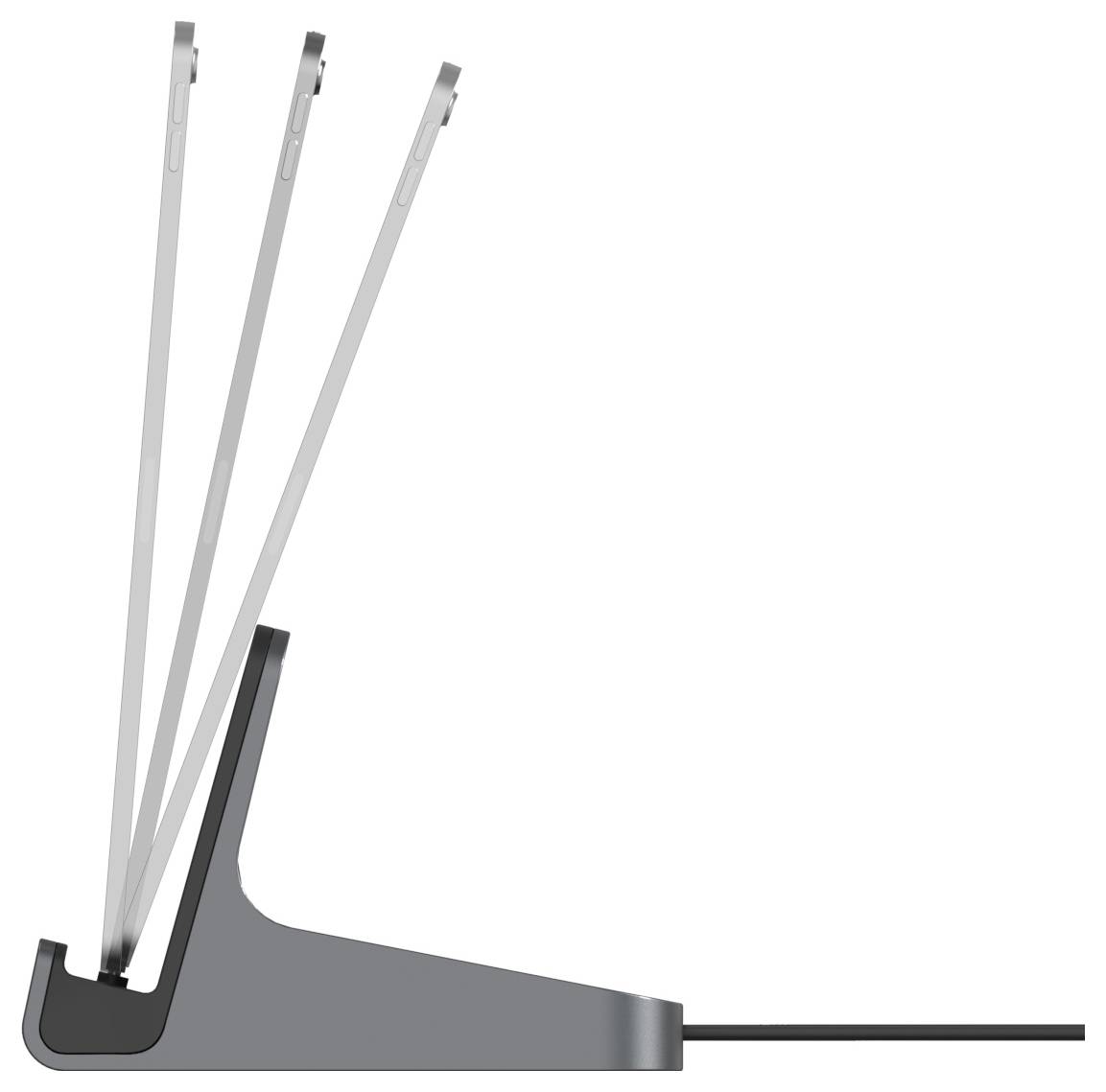 Seitenansicht einer Tablet-Schutzhülle/eines Ständers mit drei verstellbaren Betrachtungswinkeln, die ein Tablet in einer schrägen Position zeigen.