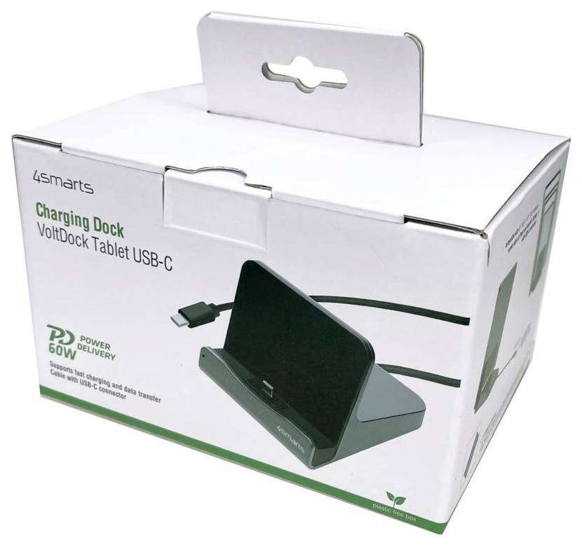 4smarts VoltDock Tablet USB-C Ladedock Einzelhandelskarton mit Produktabbildung und 60-W-Power-Delivery-Etikett.