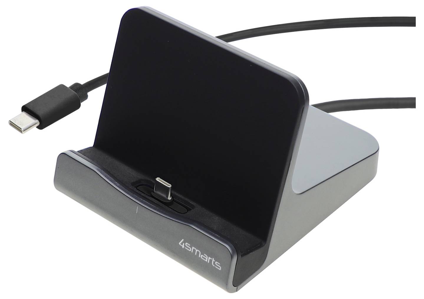Schwarzes 4smarts Ladedock mit USB-C-Kabel und Handy-Ständer auf weißem Hintergrund.