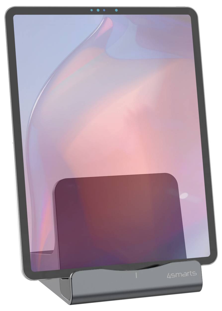 Ein Tablet oder digitales Display auf einem Ständer mit leerem Pastell-Bildschirm und 4smarts-Branding auf der Basis.
