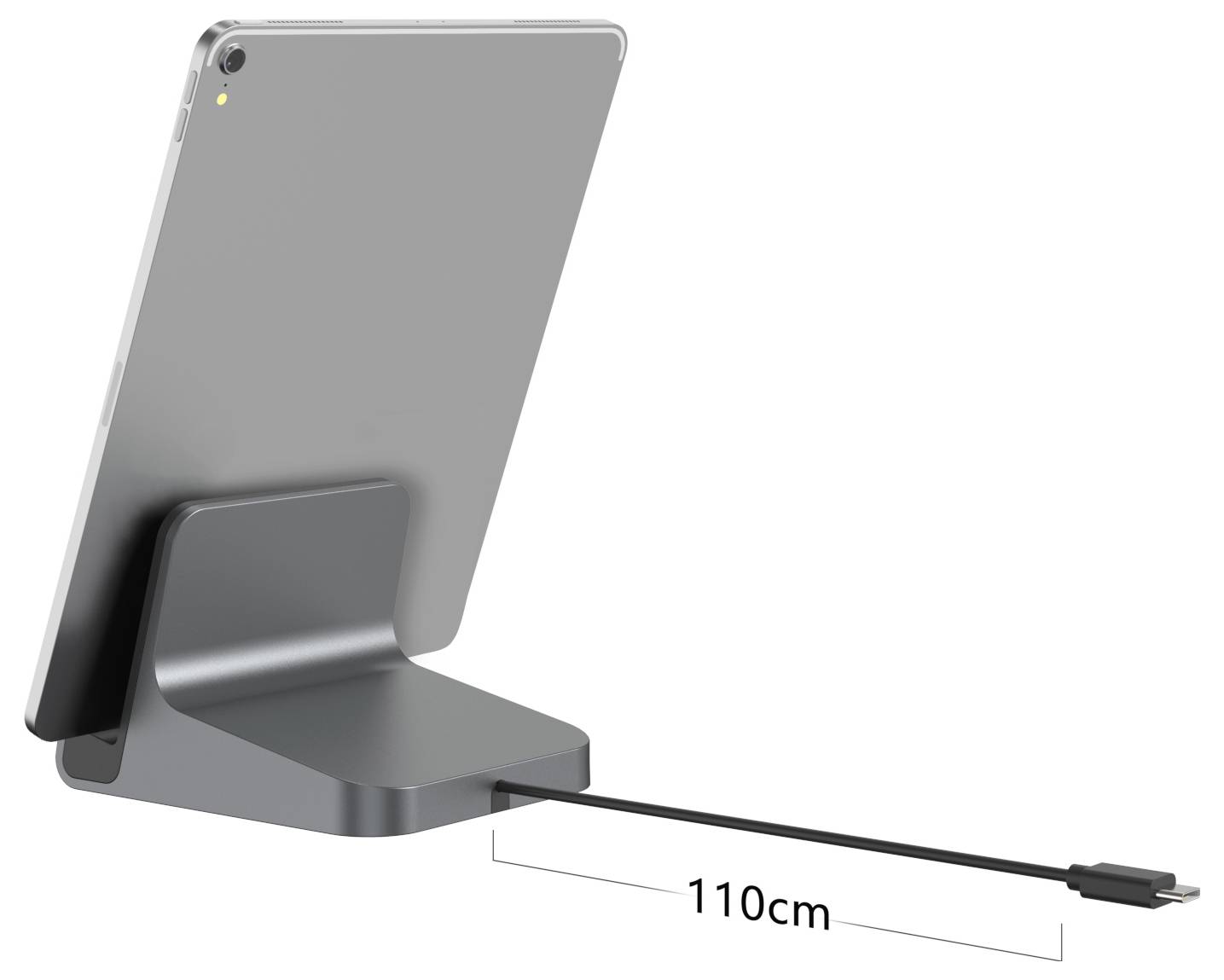 Tablet auf einem Ständer mit einem 110 cm langen Ladekabel, das in das Gerät eingesteckt ist.