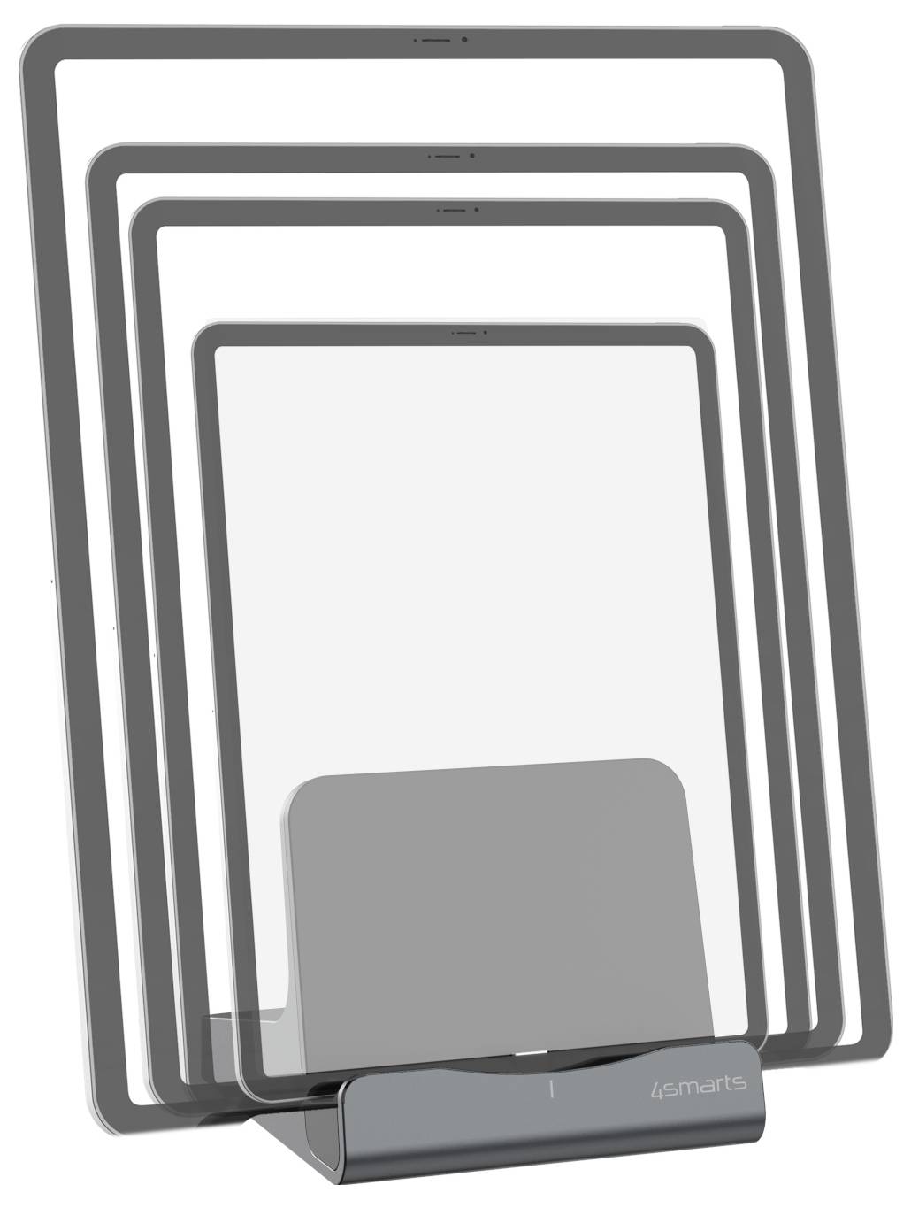 Stapel von vier grauen Tablet- oder E-Reader-Rahmen, die in einer Ladestation angezeigt werden