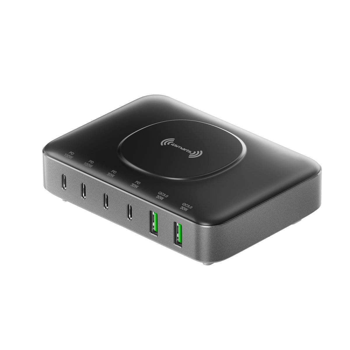 Schwarze kabellose Ladestation mit sechs USB-Anschlüssen auf der Vorderseite, einschließlich zwei grüner USB-A-Anschlüsse, auf weißem Hintergrund dargestellt.