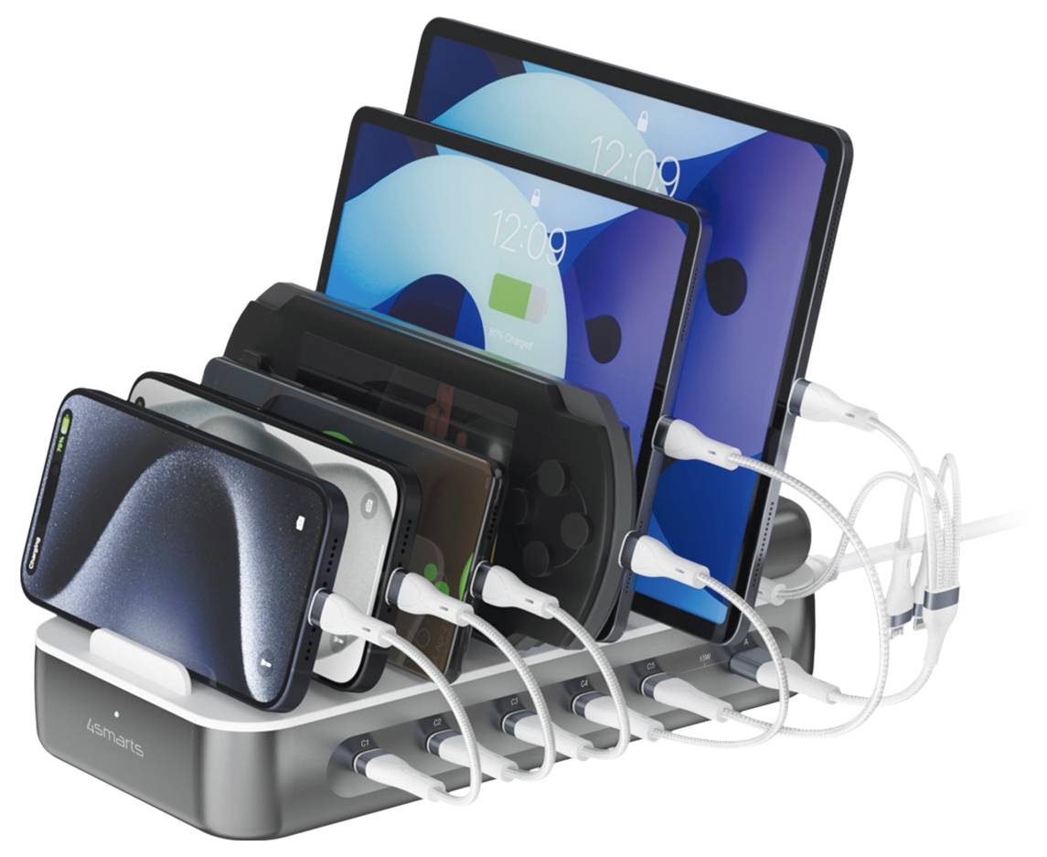 Ladedock für mehrere Geräte mit mehreren Smartphones und Tablets, die durch weiße Ladekabel verbunden sind