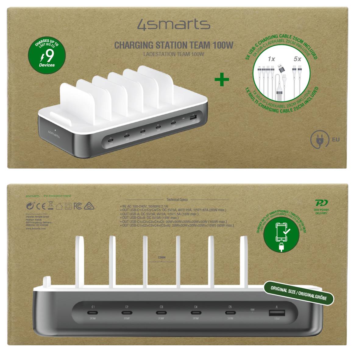 Verpackung für 4smarts Charging Station Team 100W, zeigt eine weiße Multi-Geräte-Ladestation, die bis zu 9 Geräte mit im Lieferumfang enthaltenem Kabelzubehör laden kann.