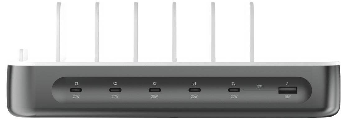 Vorderansicht eines weißen WLAN-Routers mit sechs Antennen und einer dunklen Frontplatte mit Statusleuchten und beschrifteten Anschlüssen.