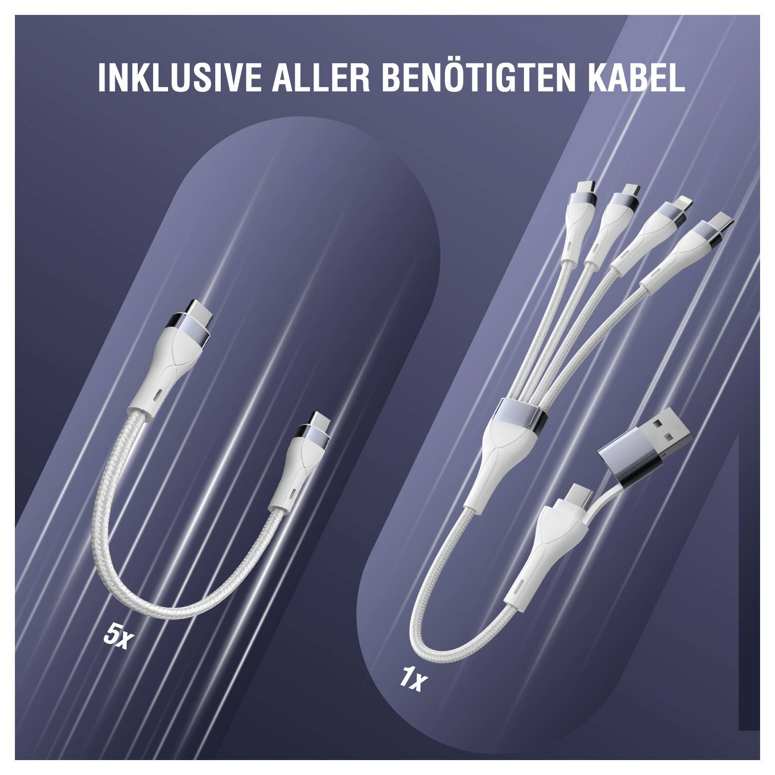 Grafik, die ein Kabelset mit dem Text „INKLUSIVE ALLER BENÖTIGTEN KABEL