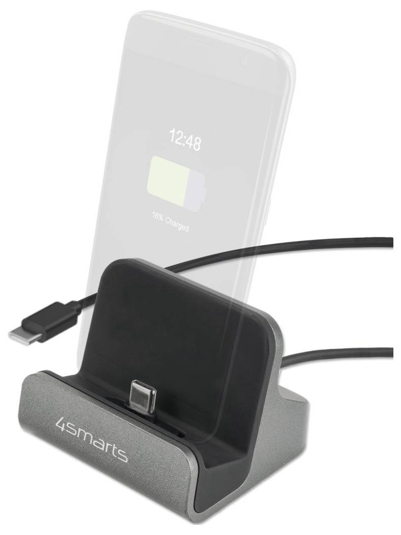 4smarts Ladestation mit einem aufrecht stehenden Telefon, das über ein Kabel verbunden ist und drahtlose Ladefunktion unterstützt.