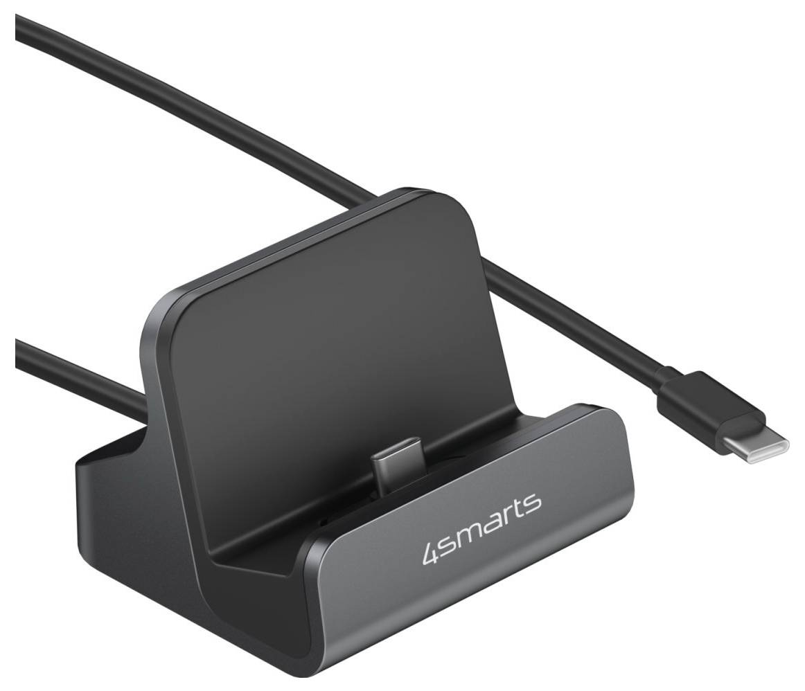 Schwarzes 4smarts USB-C-Ladedock mit angeschlossenem USB-C-Kabel, abgebildet auf weißem Hintergrund.