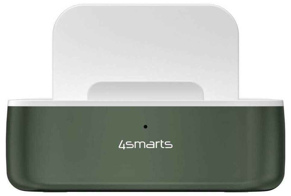 4smarts Ladestation mit dunkelgrüner Vorderseite und weißer Rückseite, frontal auf einfachem Hintergrund gezeigt.