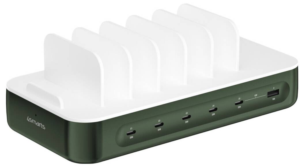 Grüne und weiße Multi-Geräte-Ladestation mit sechs vertikalen Steckplätzen und vorderen USB-Anschlüssen, konzipiert zum Halten und Laden von Geräten in aufrechter Position.