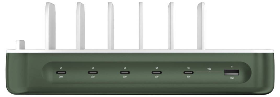 Vorderansicht eines grünen kabellosen Routers mit sechs vertikalen Antennen, Statusleuchten und einem USB-Anschluss auf der rechten Seite.