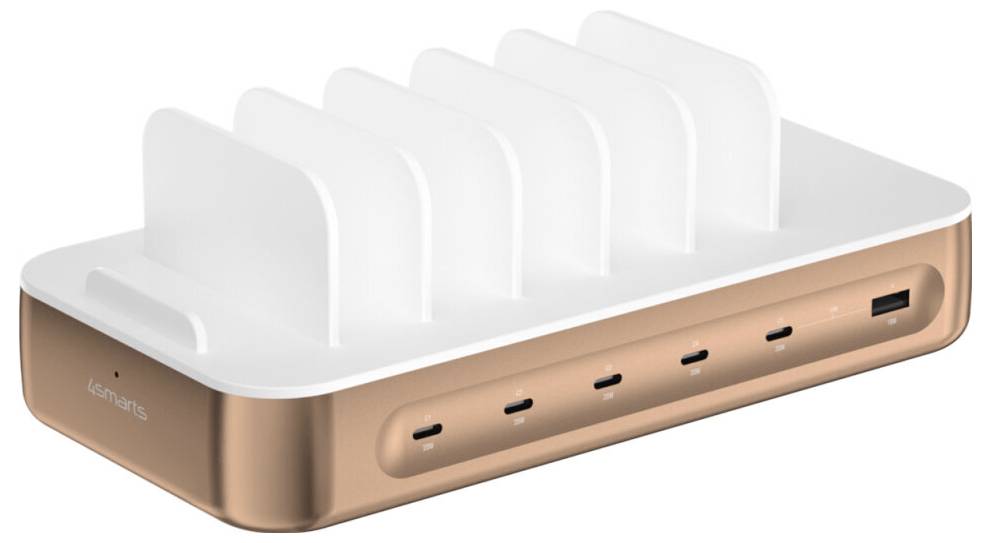 Weiß und Roségold Desktop-Ladegerät mit sechs vertikalen Steckplätzen und vorderen USB-C- und USB-A-Anschlüssen zum gleichzeitigen Laden mehrerer Geräte.
