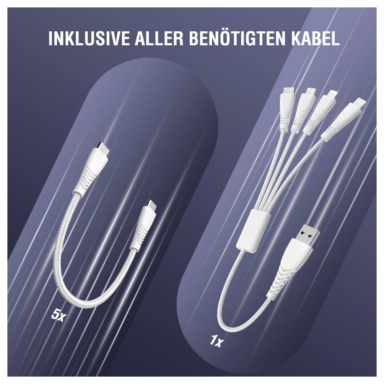 Werbegrafikim mit eingeschlossenen Kabeln: 5 kleine Ladekabel auf der linken Seite und 1 Multi-Connector-USB-Kabel auf der rechten Seite, mit deutschem Text „INKLUSIVE ALLER BENÖTIGTEN KABEL