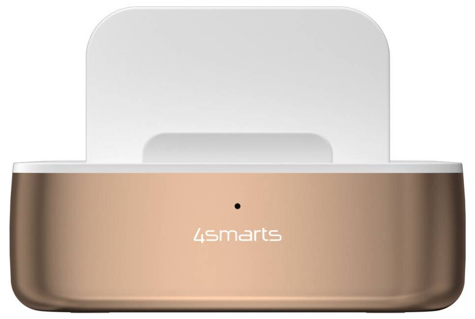4smarts Ladestation mit kupferfarbigem Sockel und weißem Oberteil, vorderes Anzeigelicht und Logo in der Mitte des Geräts.