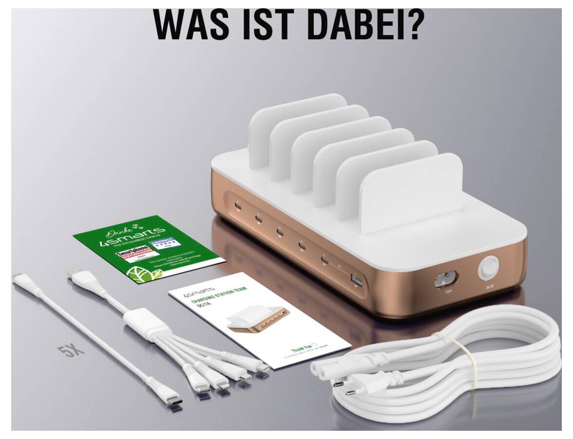 Promotionsbild eines kompakten weiß-kupferfarbenen Multiport-Ladedocks mit fünf Kabelorganizern, USB-Kabeln und gedruckten Produktkarten unter der deutschen Überschrift 'WAS IST DABEI?'