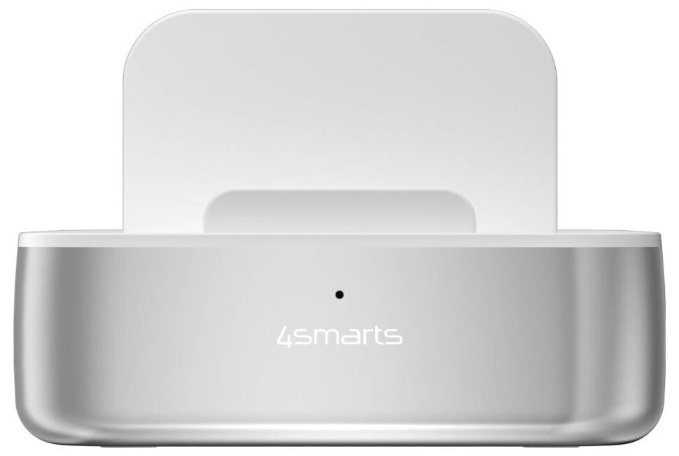 Silber 4smarts Ladestation mit abgerundeter Basis, zentraler Anzeigelampe und aufrechtem Rückenstütze zum Halten eines Geräts.