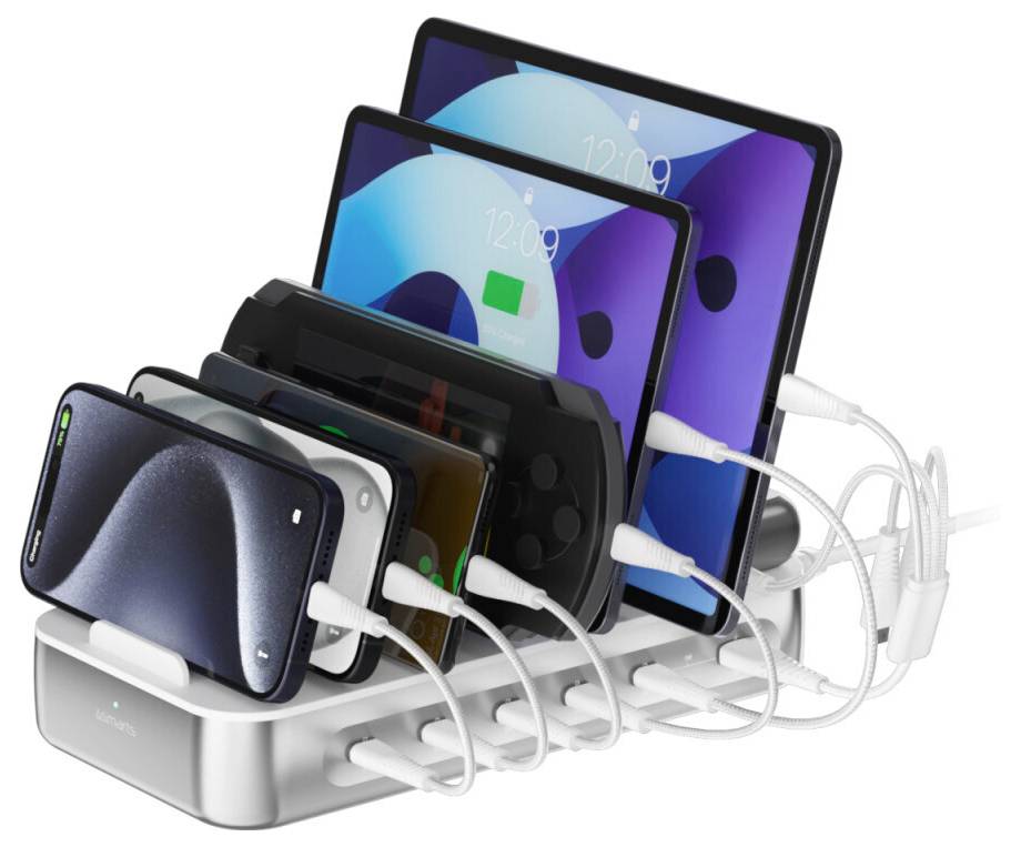 Mehrere Smartphones und Tablets, die durch Kabel mit einer Ladestation verbunden sind und ein organisiertes Mehrgerät-Lade- und Synchronisationssetup zeigen.