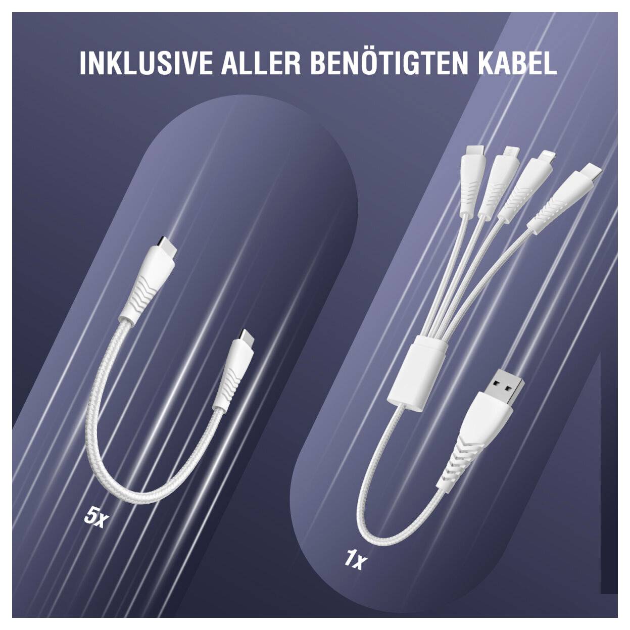 Grafik mit enthaltenen Kabeln: fünf kurze weiße Kabel auf der linken Seite und ein Multi-Stecker-Kabel auf der rechten Seite, mit der Beschriftung auf Deutsch „INKLUSIVE ALLER BENÖTIGTEN KABEL