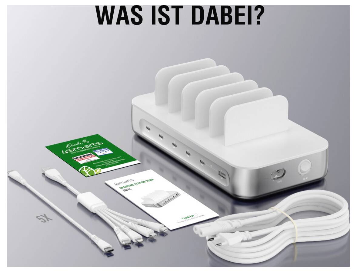 4Smarts Tischladestation 100W USB-A, USB-C®, Lightning, Micro-USB Quick Charge, USB PD Weiß, Silber Innenbereich USB Power