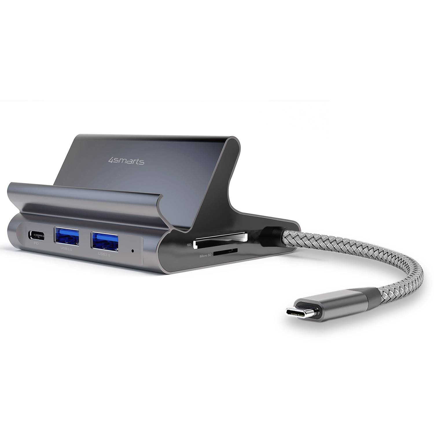 Kompakter grauer USB-C-Hub mit zwei USB-A-Anschlüssen, USB-C-Anschluss und angebrachtem geflochtenem Kabel, gezeigt auf weißem Hintergrund.