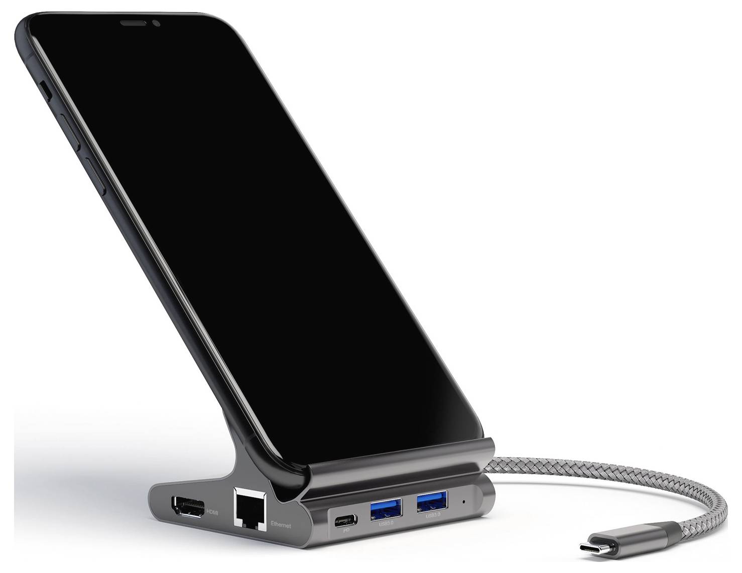 Smartphone-Ladestation, die ein Telefon aufrecht hält, mit USB-Anschlüssen und einem geflochtenen Ladekabel.