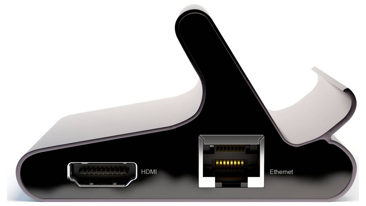 Seitenansicht eines schwarzen Geräts oder Adapters mit auf der Vorderseite gekennzeichneten HDMI- und Ethernet-Anschlüssen.
