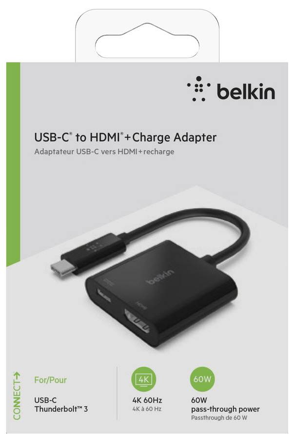Belkin USB-C zu HDMI und Lade-Adapter Verpackung, zeigt einen 4K 60Hz, 60W Durchleitungs-Dongle für USB-C Thunderbolt 3.