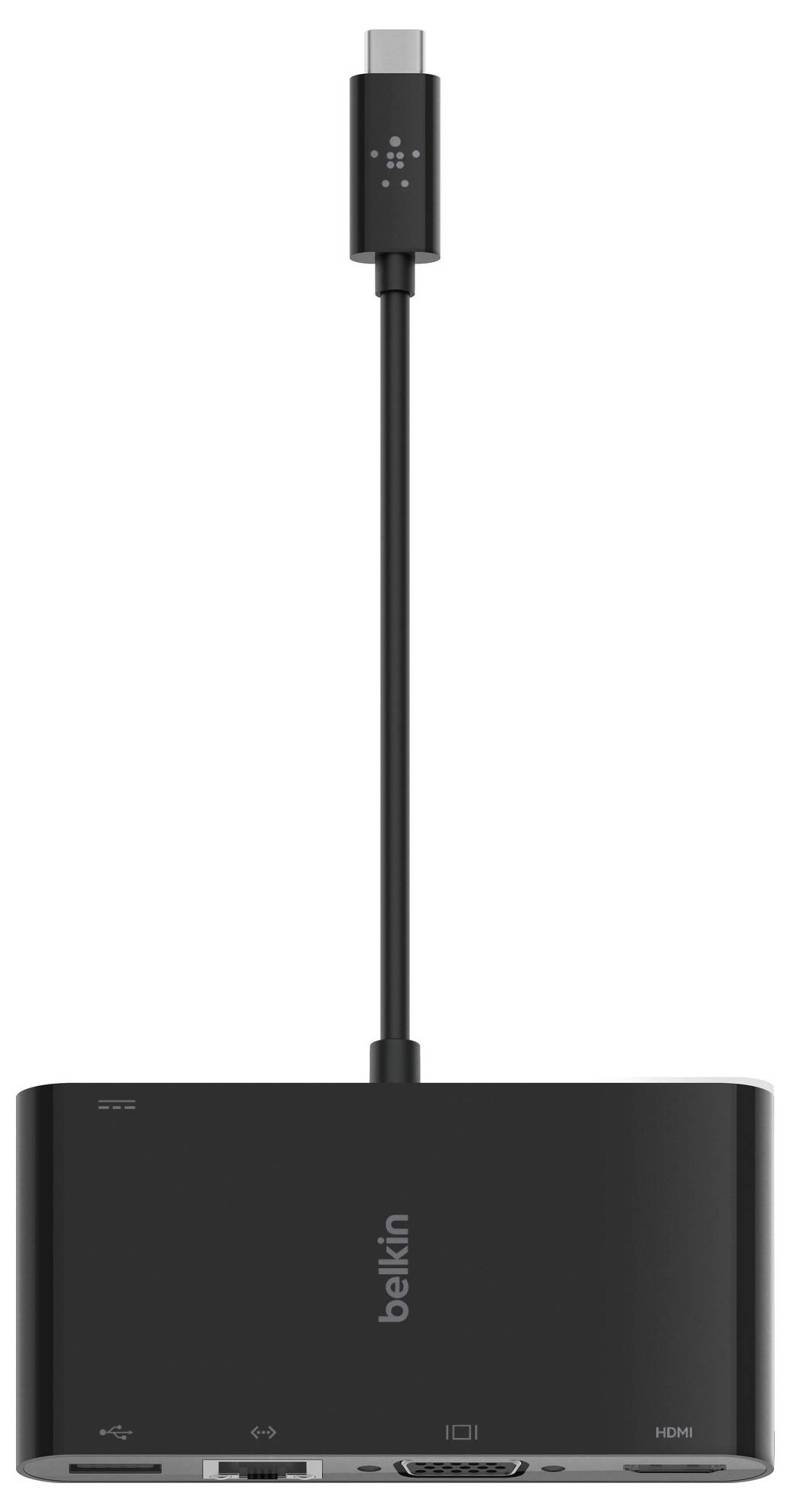Belkin USB-C-Hub mit Mehrfachanschluss und langem Kabel, mit mehreren Anschlüssen, Vorderansicht auf weißem Hintergrund.