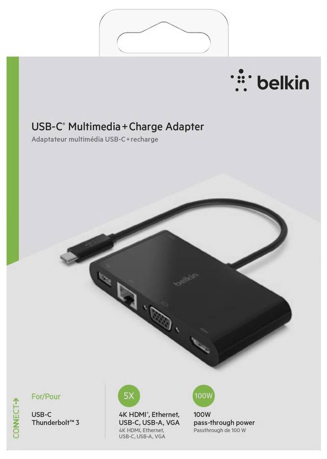Belkin USB-C Multimedia + Charge Adapter Verpackung mit schwarzem Adapter, der USB-C-, HDMI-, Ethernet-, VGA- und Strompass-Through-Unterstützung bietet.