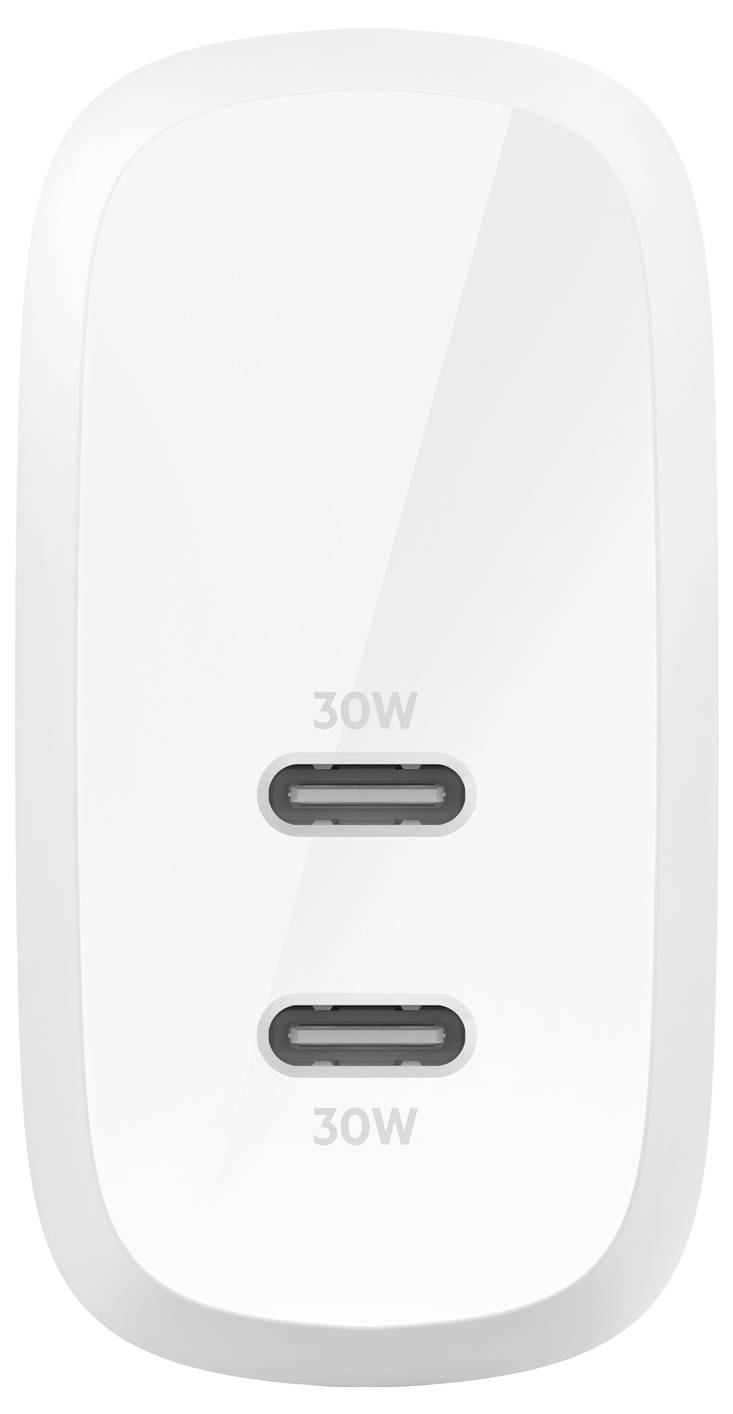 Weißes USB-C-Dual-Wandladegerät mit zwei Anschlüssen, jeder mit 30W gekennzeichnet.