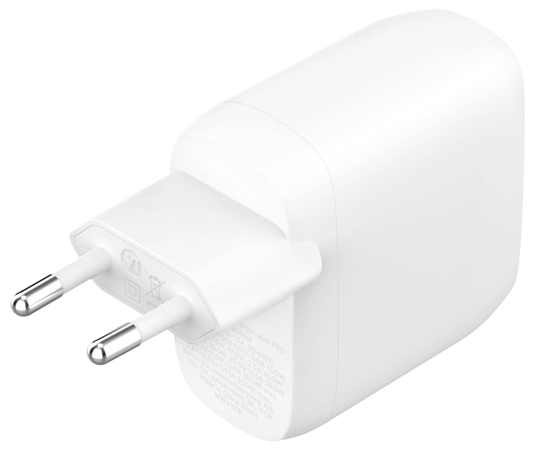 Weiße USB-ähnliche Stromadapter mit zwei runden europäischen Steckerkontakten auf einem schlichten weißen Hintergrund.