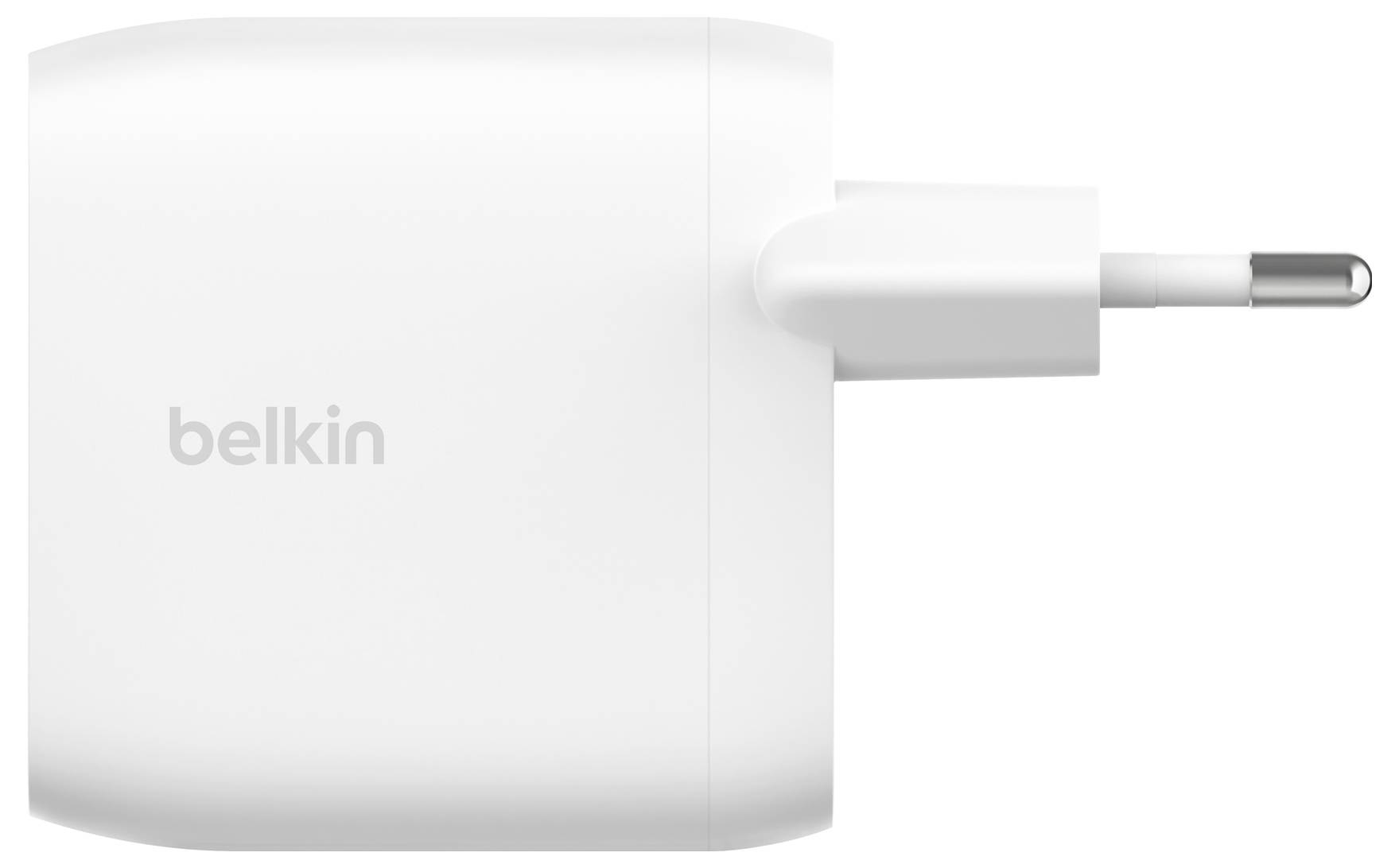 Weiße Belkin-Wandladegerät mit einem einzelnen Steckerstift auf der rechten Seite.