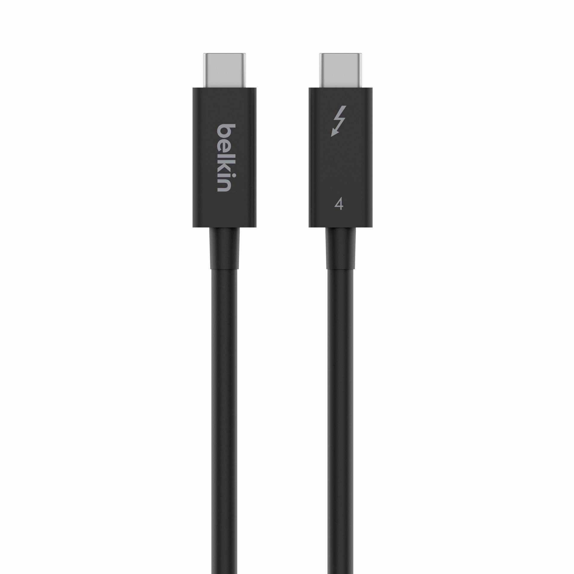 Schwarzes Belkin USB-C-Kabel mit nebeneinander gezeigten Anschlüssen, ein Ende mit der Beschriftung „belkin