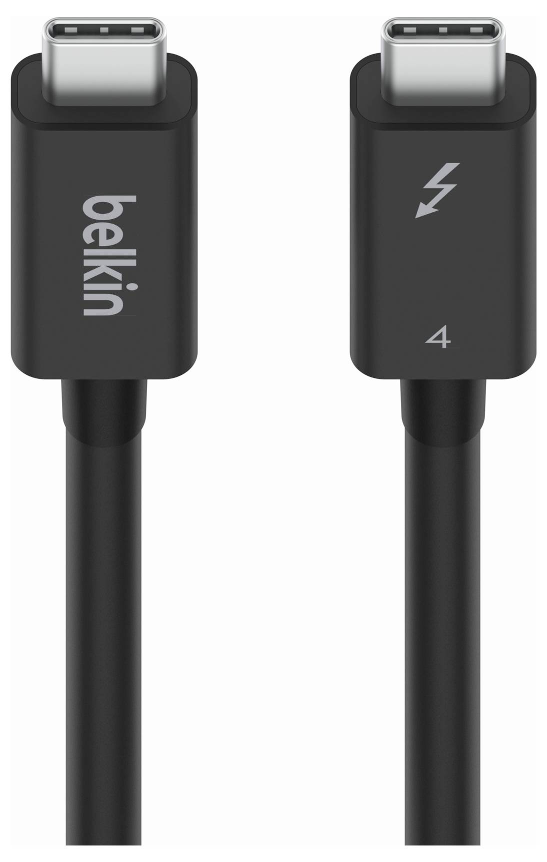 Schwarzes Belkin USB-C-Kabel von beiden Enden gezeigt, mit einem Belkin-Logo auf einem Stecker und einem Blitzstrahl und „4
