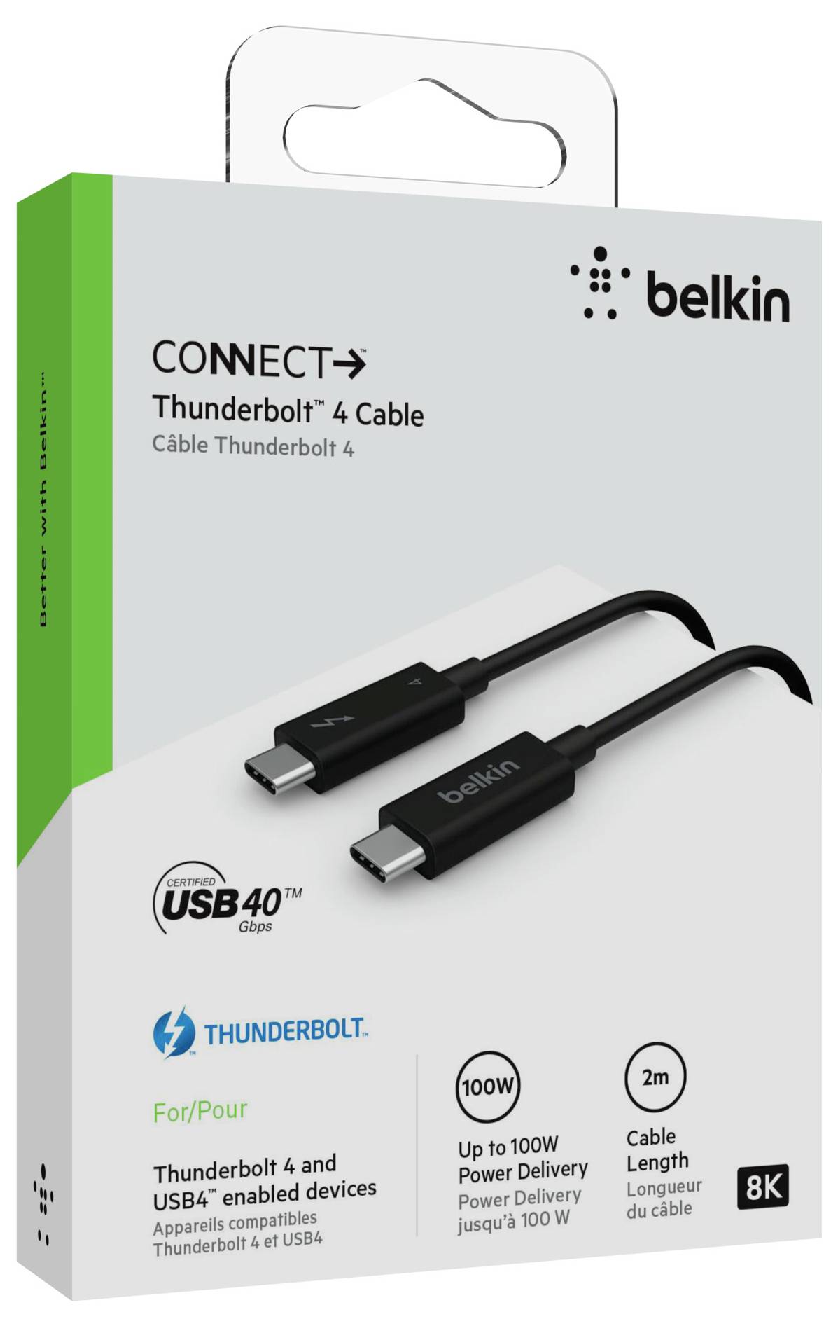 Belkin CONNECT Thunderbolt 4-Kabelverpackung mit zwei schwarzen USB-C-Kabeln, 2 m Länge, 100W Stromversorgung, 40 Gbps USB4 und 8K-Unterstützung.
