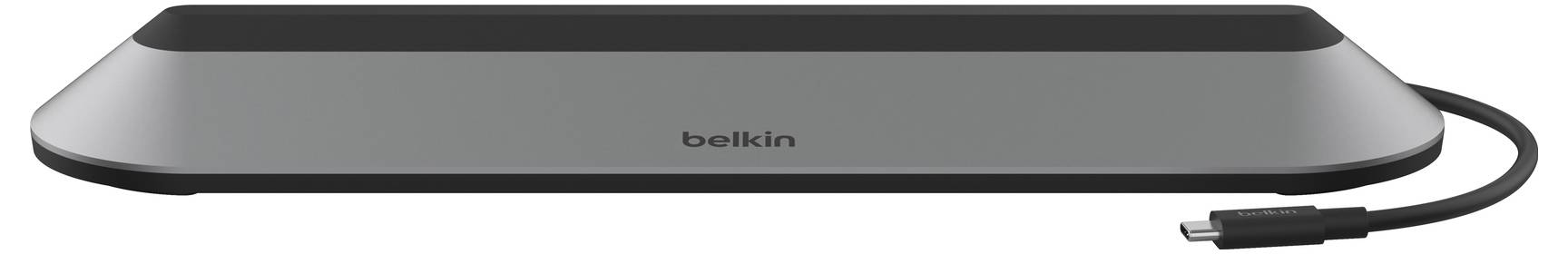 Belkin kabellose Ladepad mit angeschlossenem USB-Kabel, gezeigt in Grau und Schwarz.
